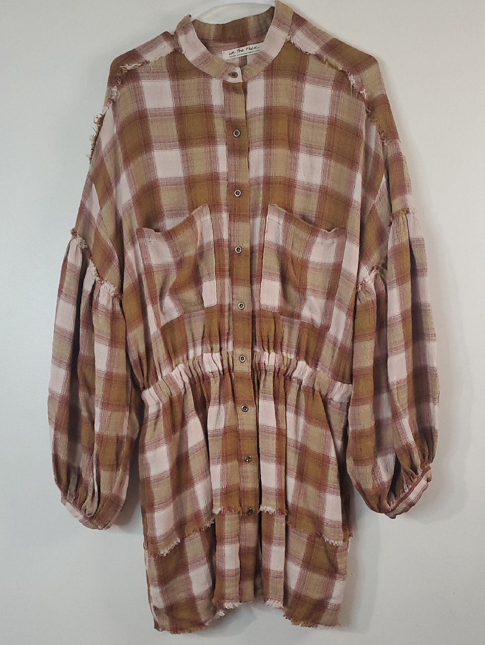 We The Free By The Way Plaid Button-Front Shirt Dress in Brown and Cream Size Md - Picture 5 of 16